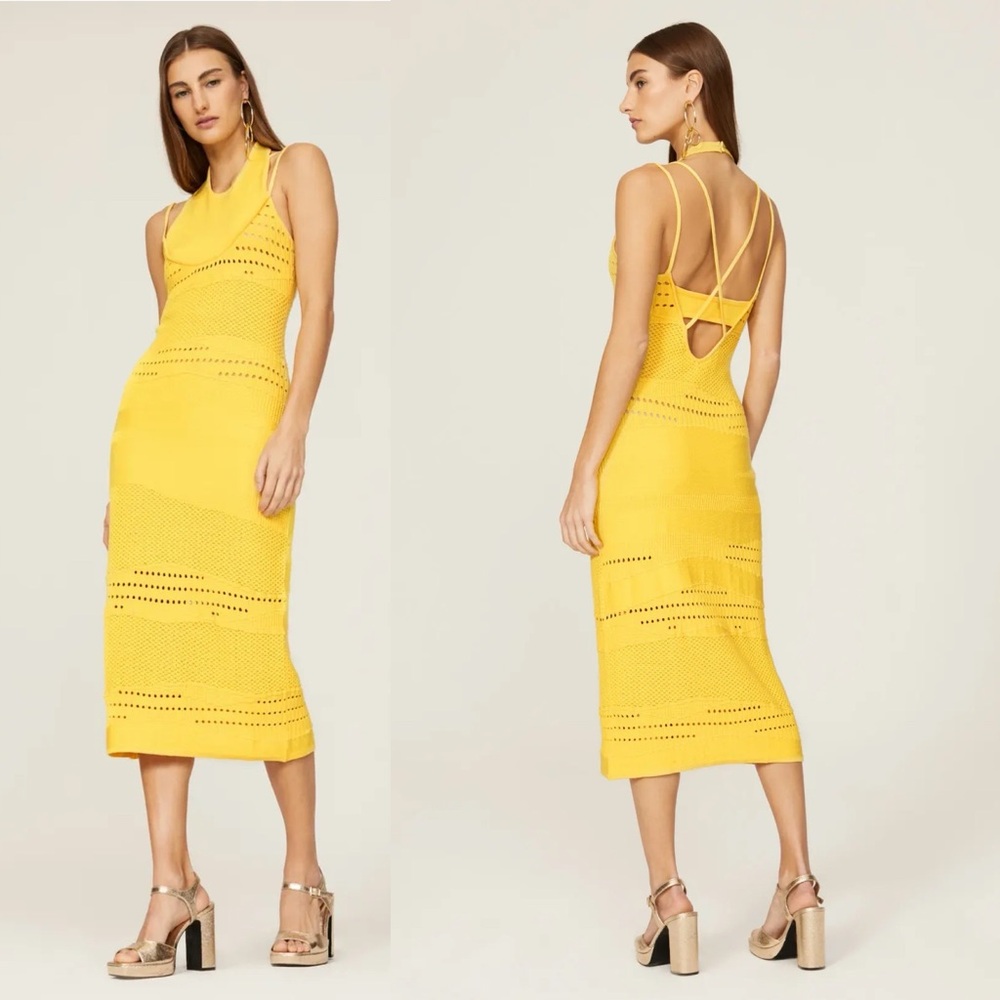 Esteban Cortazar | Yellow Crochet High Neck Midi Dress Size XS